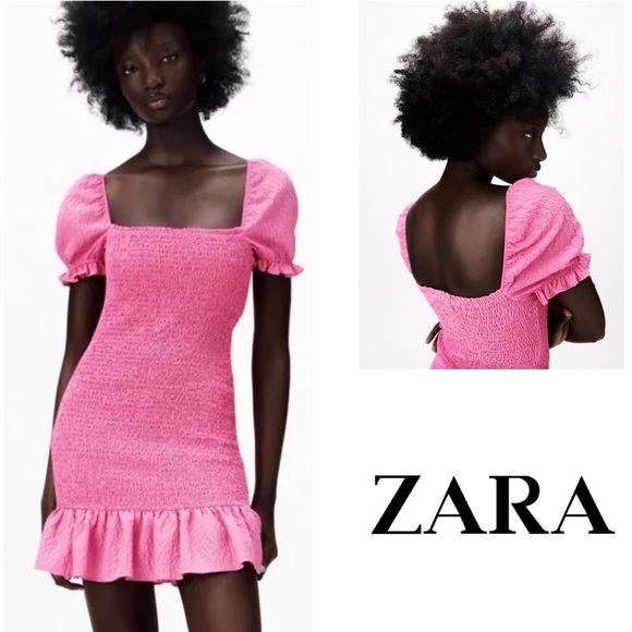 Zara Dresses & Skirts - ZARA Barbie Core Pink Square Neck Dress with Puff Sleeves Flounced Hem M